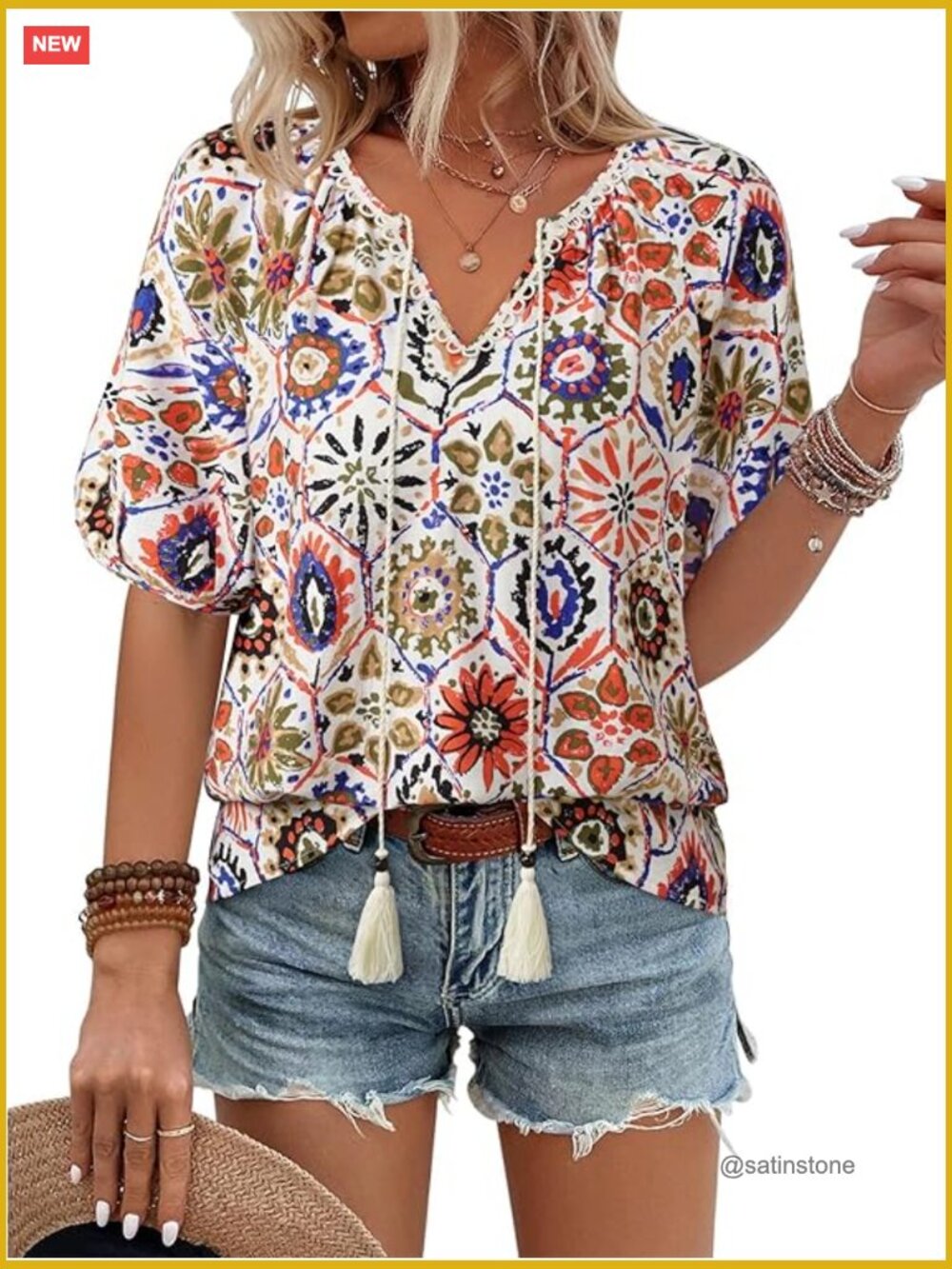 Women's Boho Floral Blouse V-Neck Short Sleeve Lantern Sleeve Tie Front Casual